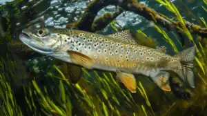 A speckled trout swimming through the tall grass.